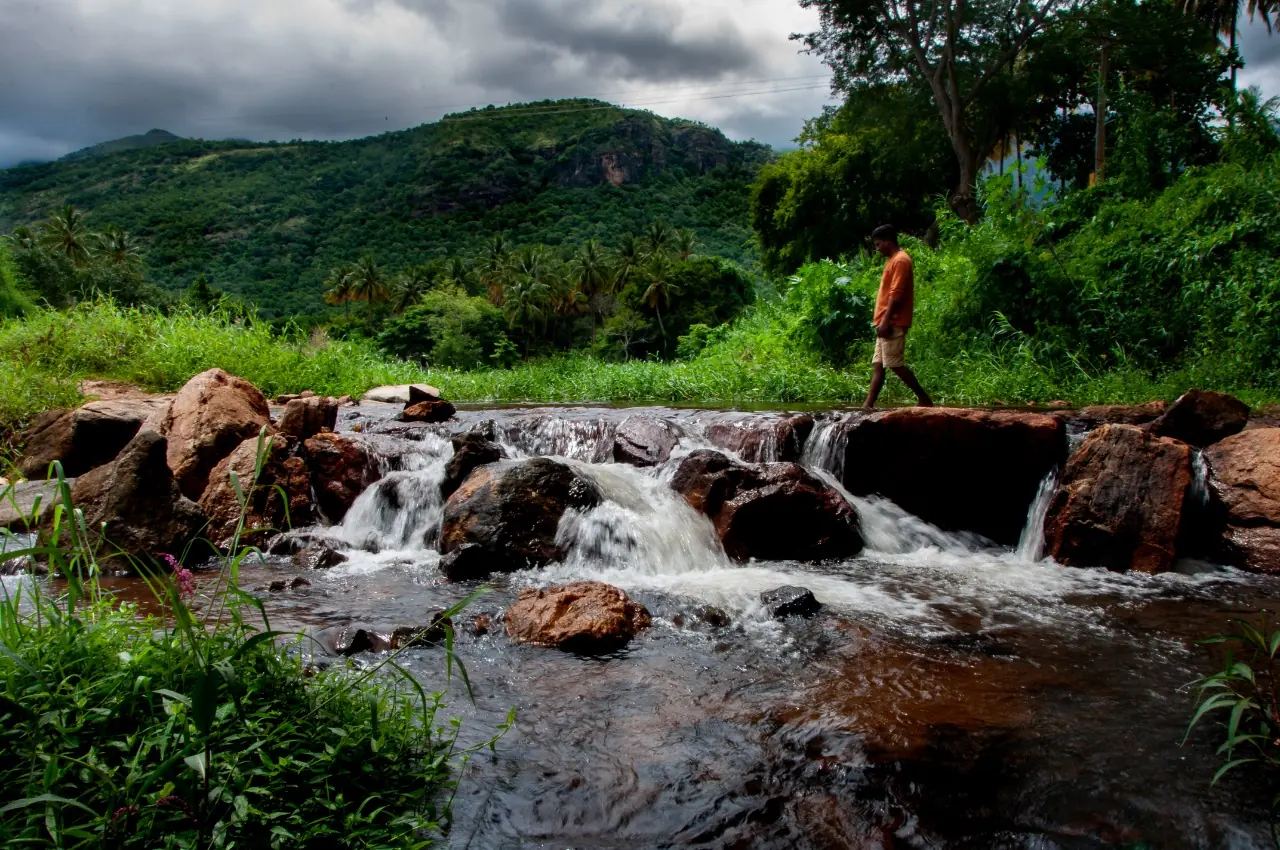 Stream running over rocks below the Western Ghats near the farm